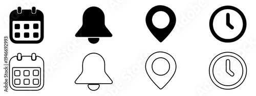 Time, date, notification bell and location icon vector illustration. Editable stroke for mobile and web. Clocks, maps and calendars.