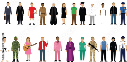 People professions characters collection set, diverse occupations including business worker chef doctor police soldier musician student vector illustration isolated career jobs design