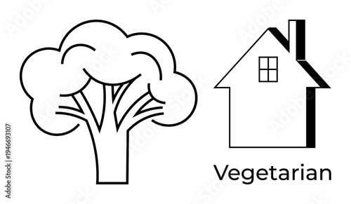 Vegetarian lifestyle, eco-living, plant-based diet, sustainability, healthy choices, organic food. Black and white illustration of broccoli and a house with vegetarian text. Vegetarian lifestyle