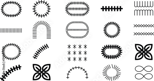 Railway track icons and train rail elements set, curved straight and circular railroad tracks vector illustration isolated transportation infrastructure design collection