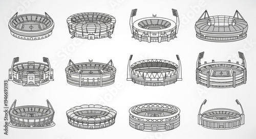 Collection of Stadium Illustrations in Line Art Style.