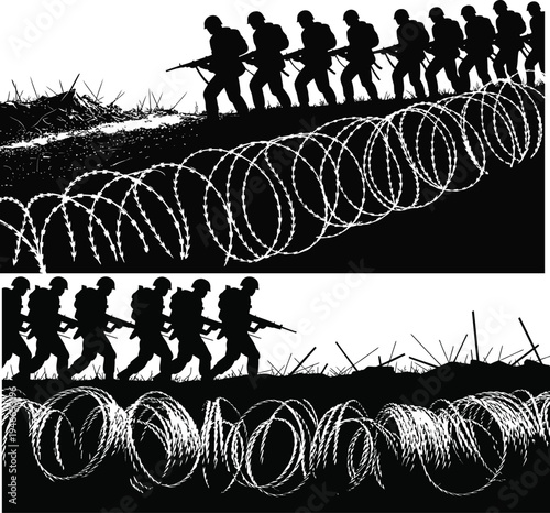  Military soldiers charging past barbed wire barrier silhouette for conflict editorial, war documentary, border security, and defense awareness design