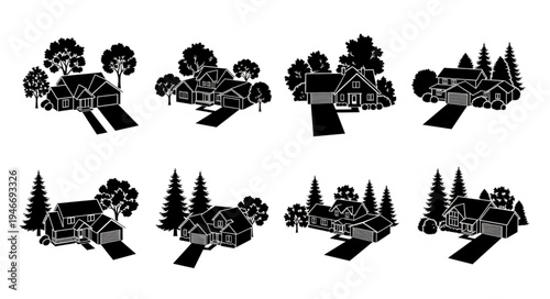 Rural Landscape Silhouettes - Houses, Trees, and Pathways.