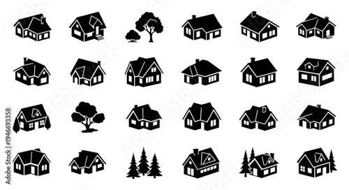 Collection of House Icons - Diverse Architectural Styles in Silhouette.