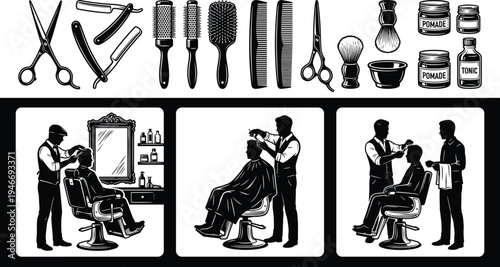 Vintage barber shop tools and haircut service silhouettes set, professional hairstylist equipment, scissors comb razor brush pomade shaving kit vector illustration isolated design