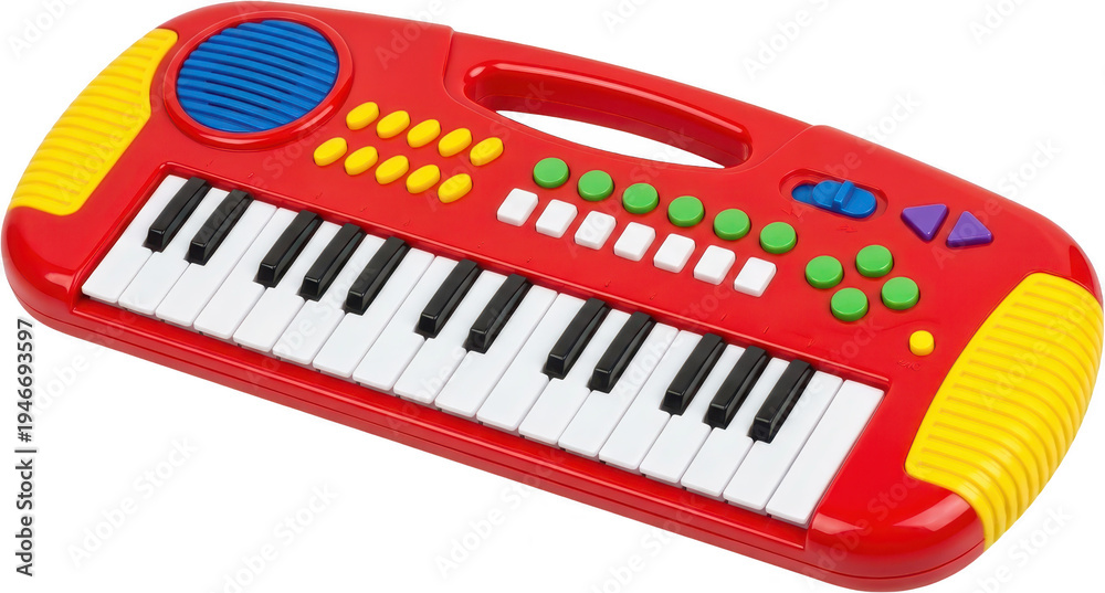 Fototapeta premium Brightly colored red electronic keyboard toy with white and black keys colorful buttons and yellow end pieces 189 characters music instrument child children kids play learning