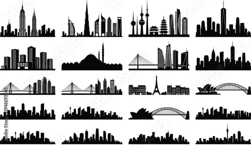 World famous city skyline silhouettes set, global landmarks architecture collection including skyscrapers bridges towers and monuments vector illustration isolated urban cityscape design