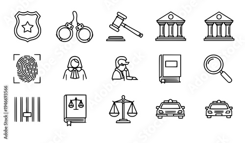 Law Enforcement and Justice System Outline Vector Icon Collection