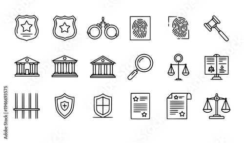 Legal Crime Investigation and Justice Line Icons Black Outline Vector Set