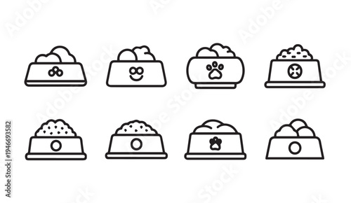 Pet Food Bowls Collection Icons Various Designs Line Art Isolated
