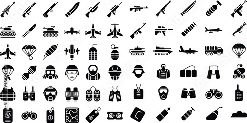  Modern military weapons and equipment icon set for defense industry publications, strategy games, and security training material design