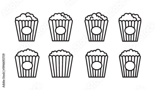 Popcorn Boxes Row Pattern Line Art Icon Set Vector Illustration