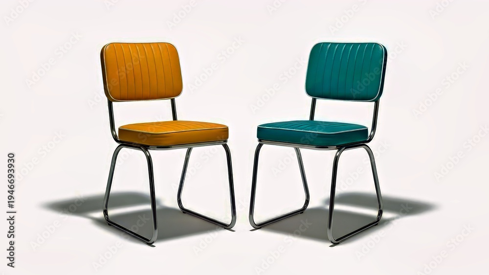 Obraz premium Mid Century Modern Retro Tech Bar Chairs Yellow Turquoise Leather Seats Chrome Frame White Background.jpg