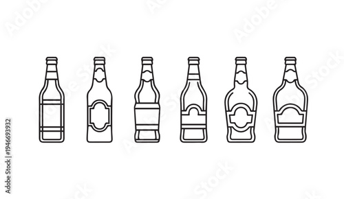 Row of six different beer bottle outlines with labels isolated on white stock illustration