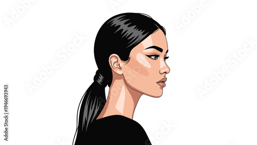 Profile portrait of a beautiful young woman with sleek black hair tied in a low ponytail against a plain white background.