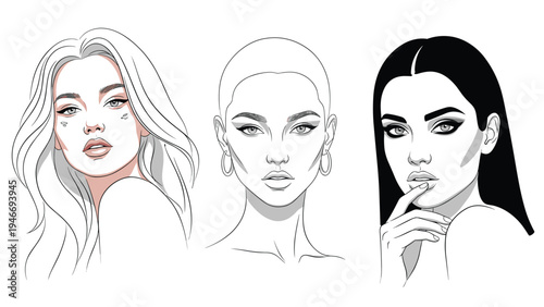 Three stylized portraits of beautiful women featuring diverse hairstyles and elegant makeup looks in a clean line art style.
