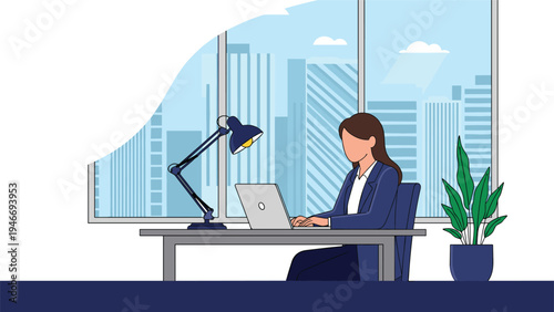 Professional businesswoman working on her laptop at a modern office desk with a large window overlooking a city skyline.