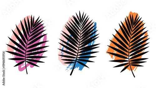 Silhouette of tropical palm tree leaves set against vibrant abstract artistic brush strokes in pink blue and orange colors.
