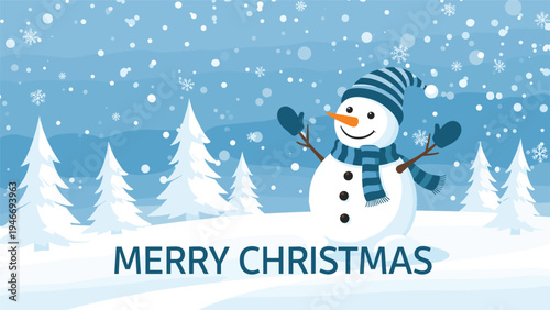 Joyful snowman wearing a striped hat and scarf in a winter landscape with pine trees and falling snow for Christmas.