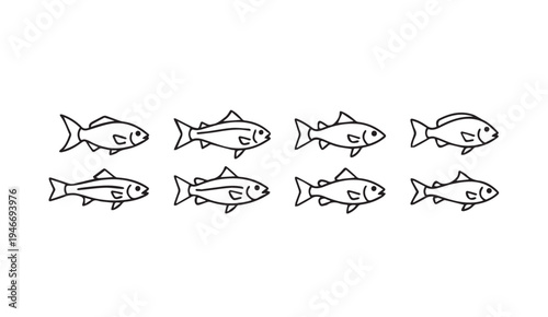 School of Fish Swimming Together Isolated on White Background Minimalist Line Art
