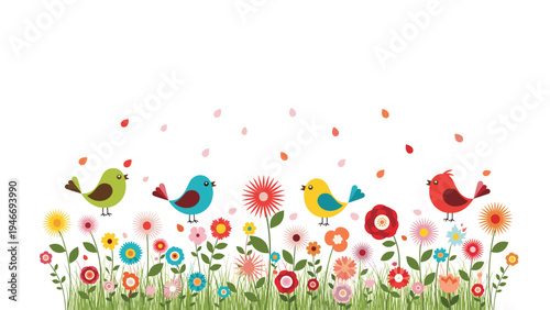 Four bright and colorful cartoon birds standing in a field of diverse spring flowers against a white background.