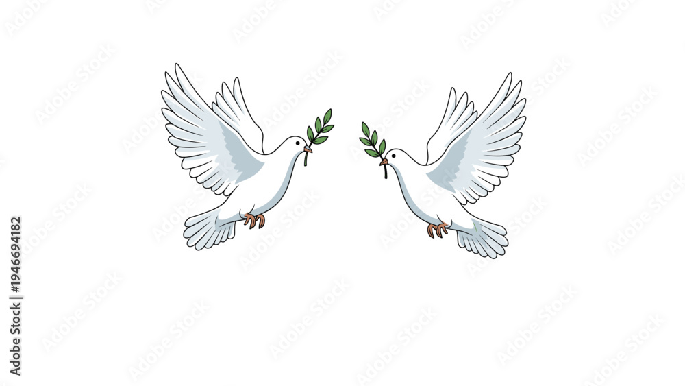Fototapeta premium Symbolic illustration of two white doves flying towards each other carrying green olive branches as a sign of peace and hope.
