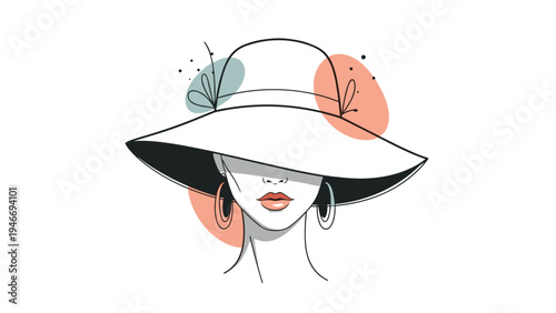 Sophisticated line art of a woman in a wide-brimmed hat partially covering her eyes with colorful accent circles in the background.