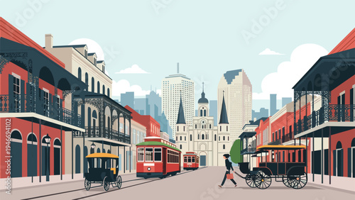 Historic city street scene featuring classic architecture with red trolleys and horse-drawn carriages in a nostalgic vector illustration.