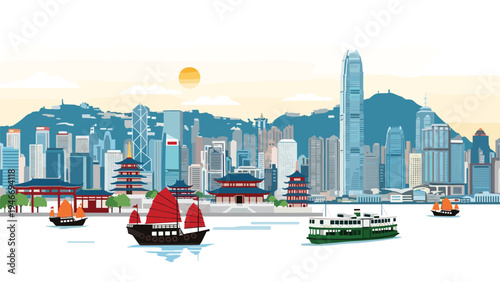 Daytime panoramic cityscape of Hong Kong harbor featuring iconic skyscrapers with lush green mountains and white clouds in the background.