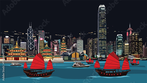Hong Kong skyline at night with illuminated skyscrapers and traditional red-sailed junk boats cruising on the dark blue harbor water.