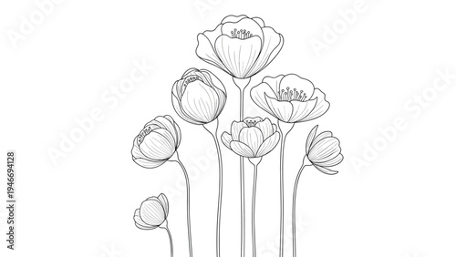 Elegant black and white line drawing of a floral bouquet with delicate petals and long thin stems on a plain white background.