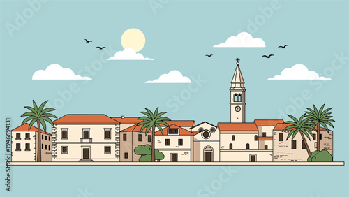 Sunny Mediterranean coastal town featuring terracotta roofed buildings and palm trees with a church bell tower against a bright blue sky.