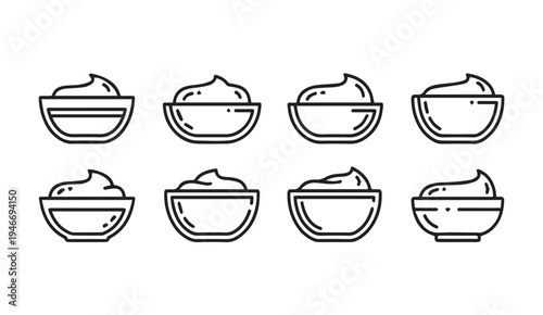 Set of eight cream bowls with swirls line art icons on white background beauty and cosmetic concept