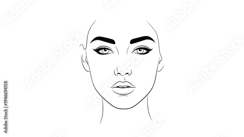 Minimalist face line art of a woman with bold eyebrows and winged eyeliner, clean and modern beauty illustration for cosmetics.