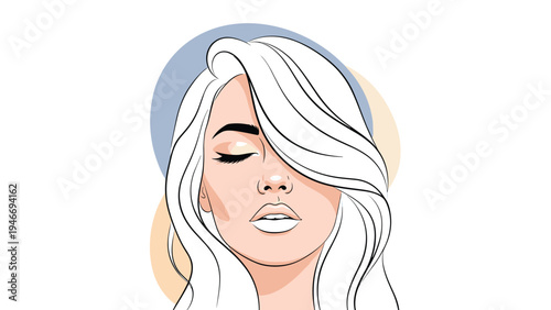 Beautiful woman with long white hair partially obscuring her face set against soft colorful background circles in a stylish vector portrait.