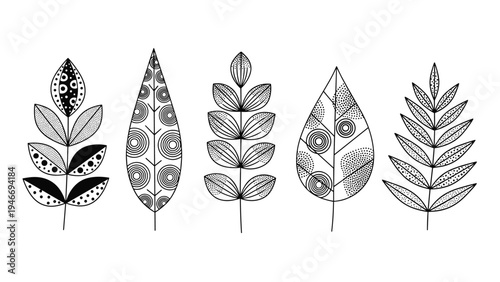 Set of five artistic botanical leaf illustrations featuring intricate black line patterns and textures on a clean white background.