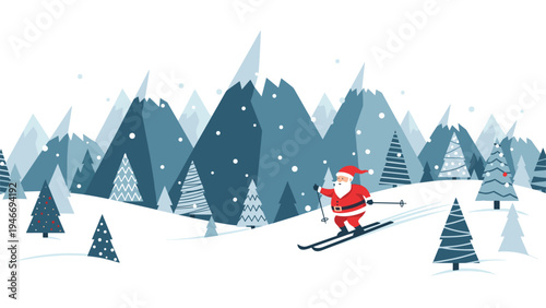 Festive Santa Claus skiing down a snowy mountain slope past decorated Christmas trees in a winter forest landscape scene.