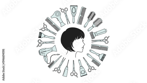 Professional hair styling tools arranged in a circular design around a woman silhouette, perfect for beauty salon branding.
