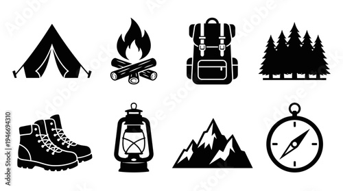 Camping Icons Vector – Outdoor Adventure, Hiking Gear, Nature Exploration Graphic