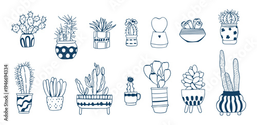 Hand drawn cactus and succulent houseplants collection in decorative pots. Minimal line art indoor plants set with playful doodle style. Cute vector illustrations for stickers, prints, decor design