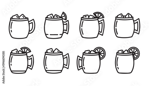 Set of eight hand-drawn line art mugs with ice and citrus slices graphic elements