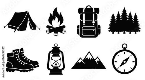 Camping Icons Vector – Outdoor Adventure, Hiking Gear, Nature Exploration Graphic