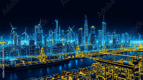 Industrial cityscape with wind turbines, cargo ships, cranes, and buildings outlined in yellow and blue lines on a dark blue background, showcasing a blend of renewable energy and industrial infra