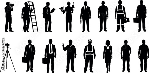Professional Workers Silhouette Collection Featuring Construction Laborers Business People Photographers Handymen and Service Industry Staff in Various Career Related Action Poses