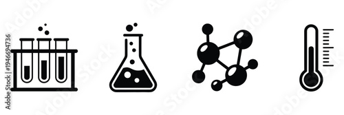 Science vector icons set, lab equipment illustration, chemistry icon and research symbol collection, representing laboratory tools