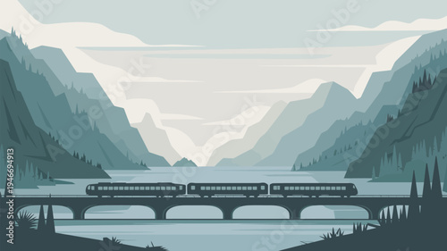 A train crosses a bridge over a serene lake surrounded by majestic mountains and lush forests under a cloudy sky.