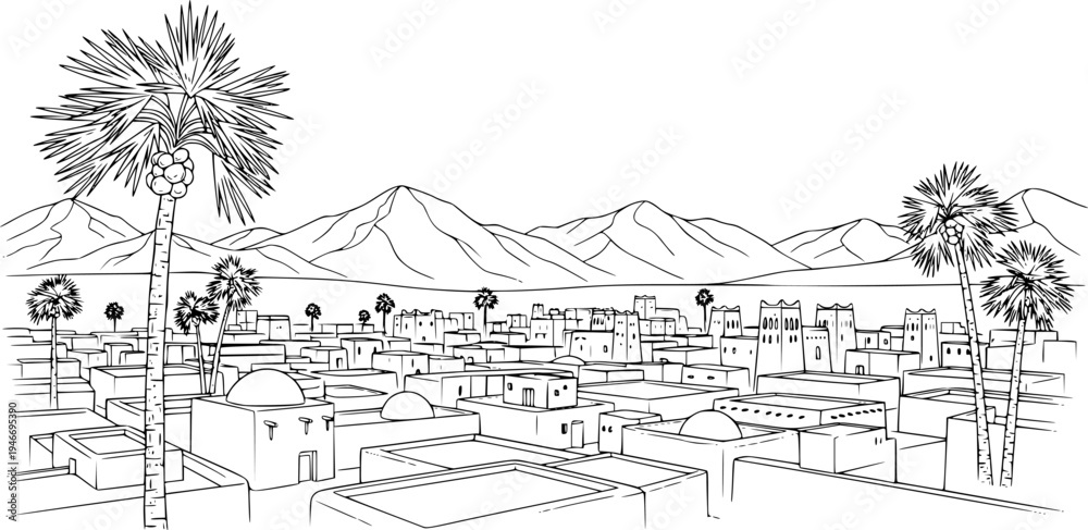 Fototapeta premium Sketch of a desert village with mountains and palm tree 