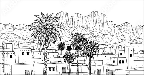 Sketch of a desert village with mountains and palm tree
