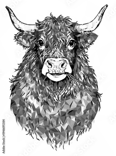 Longhorn, Highland Cow, als Low Poly Illustration auf weißem Hintergrund. Grau- und Schwarztöne zeigen das zottelige Fell und lange Hörner. Es kaut Grashalme. 