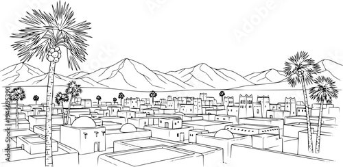 Sketch of a desert village with mountains and palm tree
